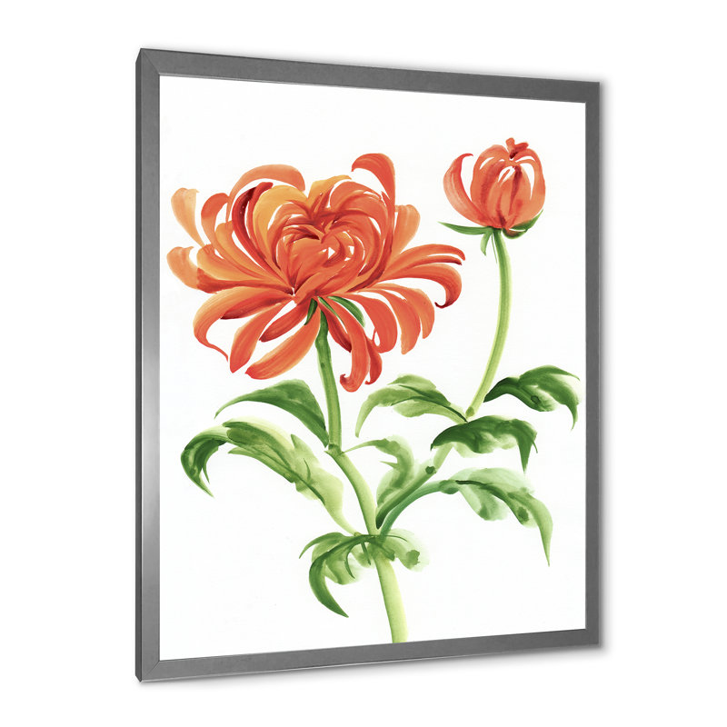 Fleur de chrysanthème orange rétro - peinture sur toile, H 32 po x l 24 po x 1,5 po, Toile avec cadre argenté