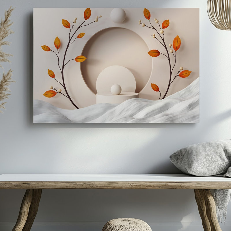 Toile dans une composition minimaliste, branches sombres minces avec art mural orange vif, feuilles et petites baies de couleur crème, art mural