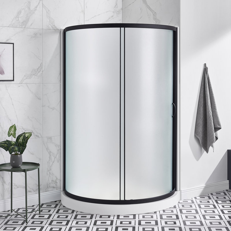 Breeze 40 in. L x 40 in. W x 76.18  in. H Round Corner Shower Kit in Matte Black, Frosted Sliding Door, Walls and Pan, Black