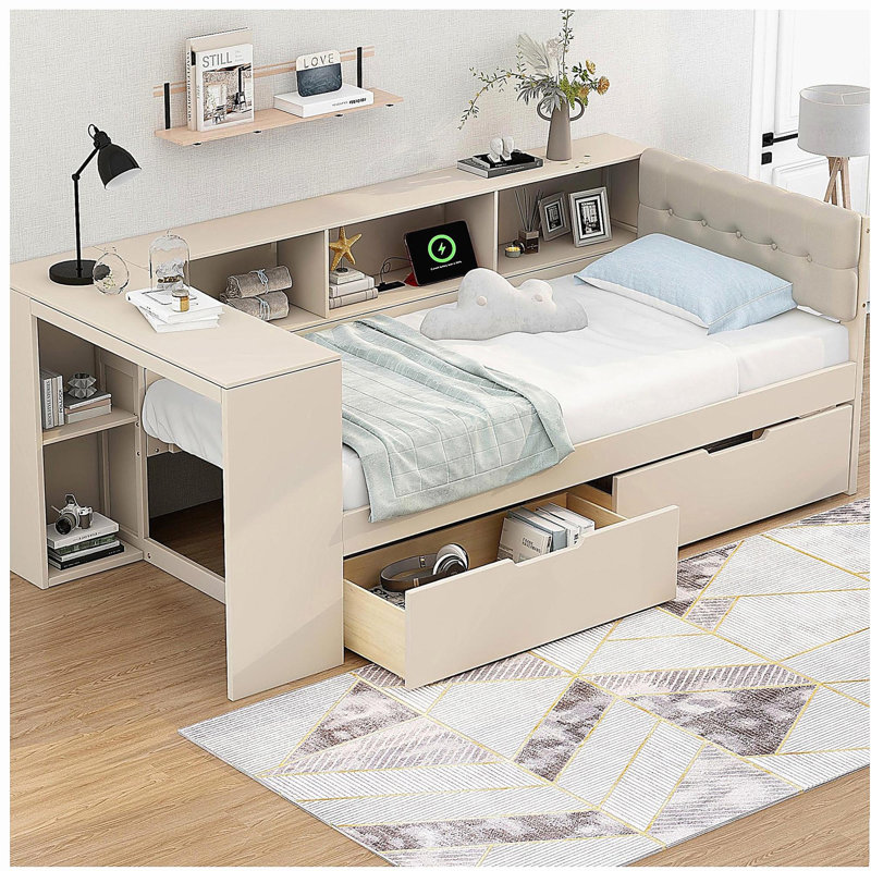 Wooden Platform Bed with Storage Shelves, Drawers, Charging Station, and Pillow-Headboard, Twin