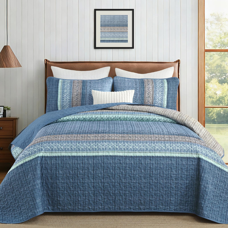 Ensemble de literie 3 pièces Boho, Courtepointe pour très grand lit et 2 taies d'ore, Rayures bleues
