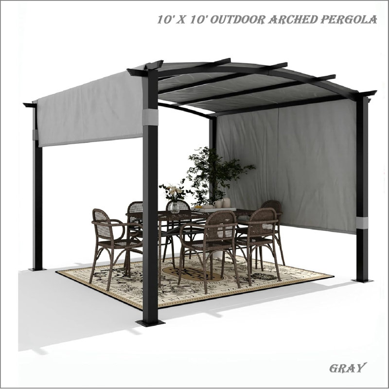 10 X 10 Ft Outdoor Arched Pergola, Metal Pergola With Retractable Canopy, Arched Style Gazebos For Backyard, Lawn, Patios