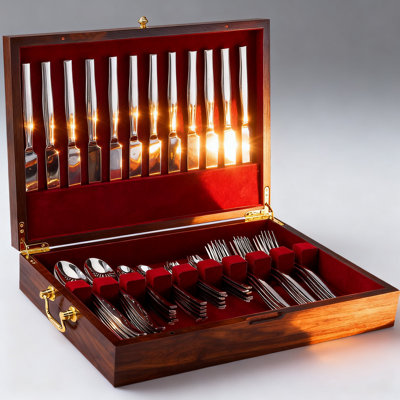 Wooden Silverware Chest With Handle And Felt Lined, Holds 12 Sets, (Brown)