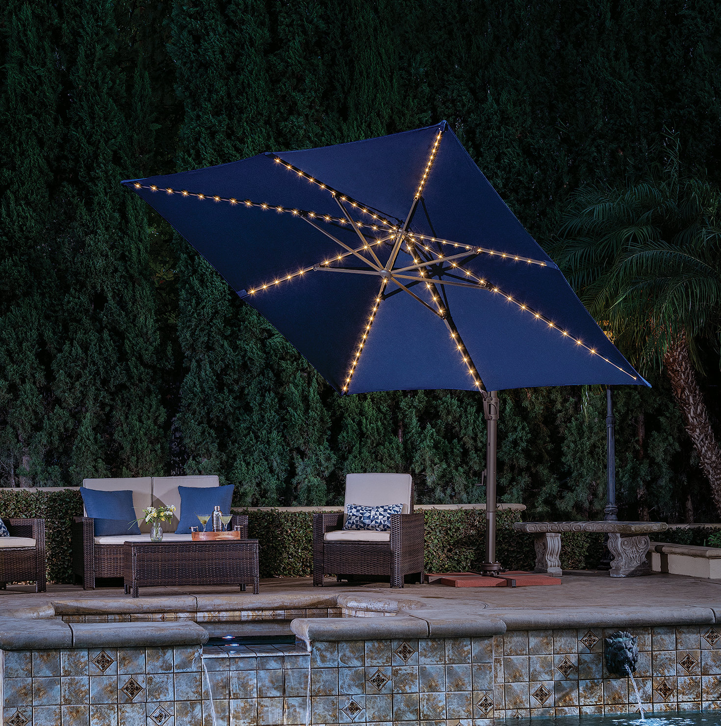 Windell 10' Cantilever Umbrella with Lights, Canvas Navy Sunbrella® Canvas