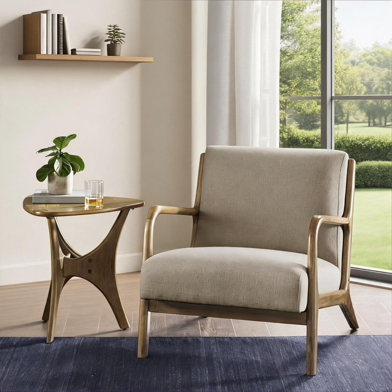 Méridienne rembourrée de style Mid-Century à accoudoirs, polyester beige doux, structure en bois massif pour les sièges d'appoint du salon