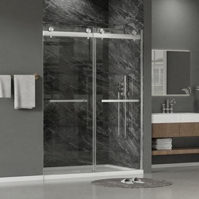 Porte de douche coulissante double sans cadre de 61 à 66 po x H 78 po en nickel brossé avec verre trempé transparent de 1/4 po, revêtement Nano