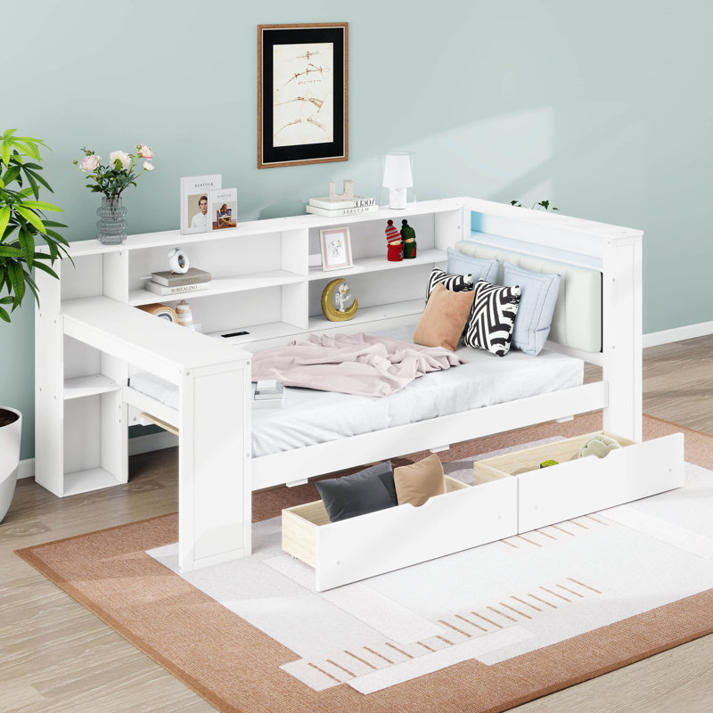 Lit de jour avec bureau et DEL et station de charge, lit de jour en bois avec tiroirs, tablettes et tête de lit tapissier