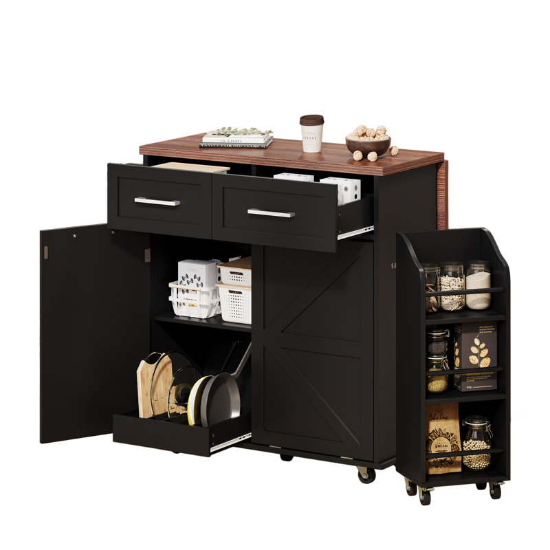 47.2" Farmhouse Kitchen Island With Drop Leaf, Black