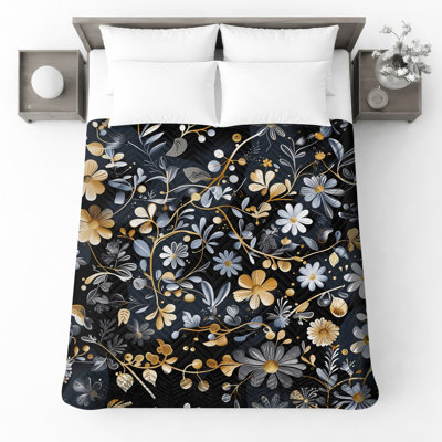Couvre-lit matelassé à motif floral doré et argenté toutes tailles