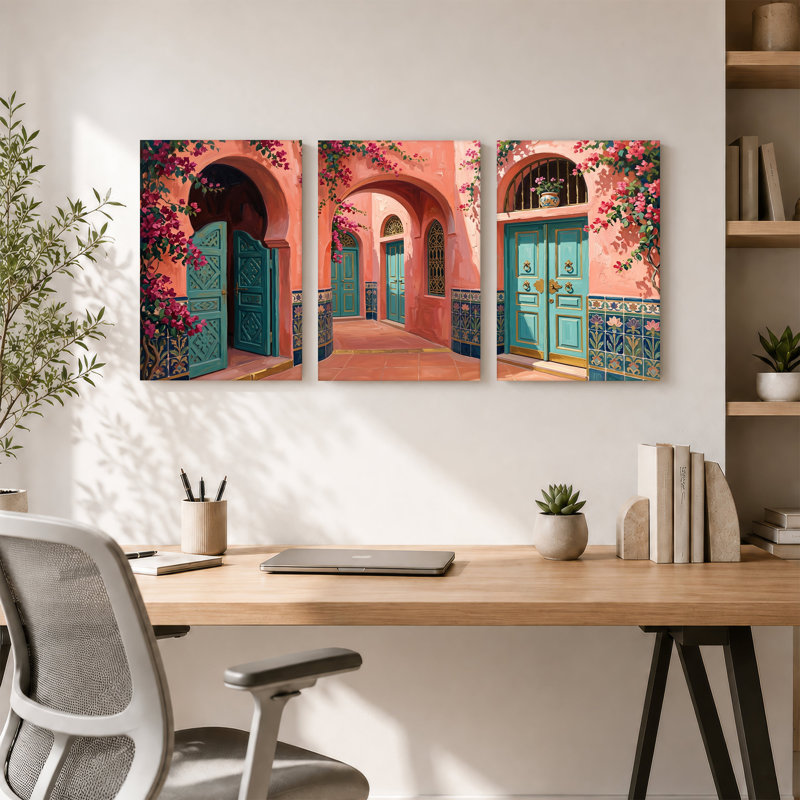 Turquoise Doors and Pink Bougainvillea Courtyard Set Of 3 Canvas Wall Art, 30"H x 20"W x 3pcs