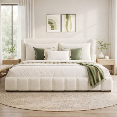 Upholstered Platform Bed With Pillows, Low-Profile, Velvet Fabric With Stitching Detail, Contemporary, Bedroom