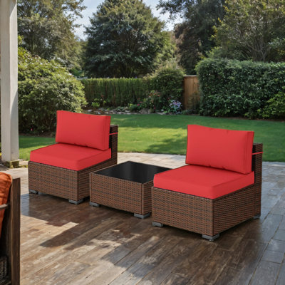 Kalinowski 3-Piece Outdoor Patio Furniture Set With Splash Proof Cushions Tempered Glass Coffee Table And Adjustable Feet Wicker Sofa With Seat Clips For Stability