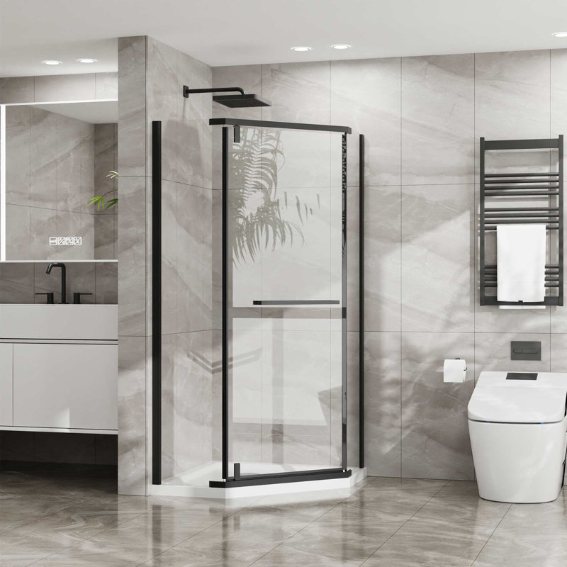 Frameless Shower Door with White Acrylic Shower Base, Black