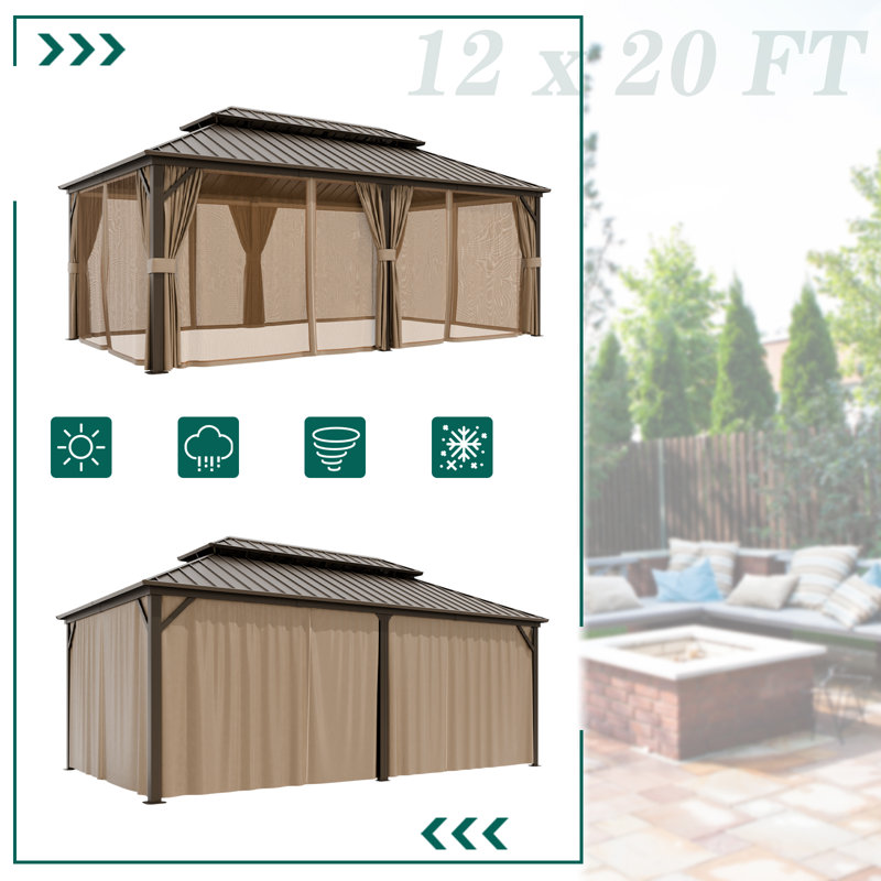 Hardtop Double Roof Aluminum Patio Gazebo with Netting & Curtains, 114''H x 240''W x 144''D