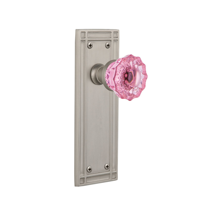 Bouton de porte d’intimité en cristal rose avec une plaque longue mission, 2 3/8, Nickel satiné