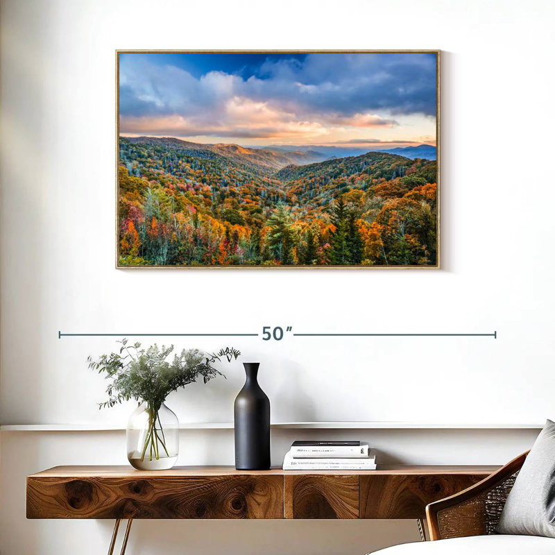 Smoky Mountains at Fall, Cadre flottant en bois naturel, 37 po x 25 po