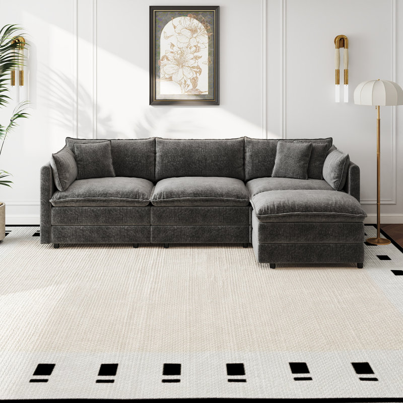 Canapé-lit en chenille moderne avec repose-pieds, Gris chenille, H 33,85 po x l 112,2 po x P 35,82 po