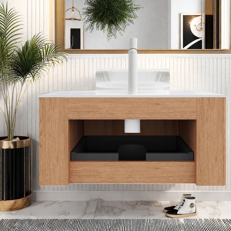 Meuble-lavabo mural moderne avec lavabo en verre et grand rangement