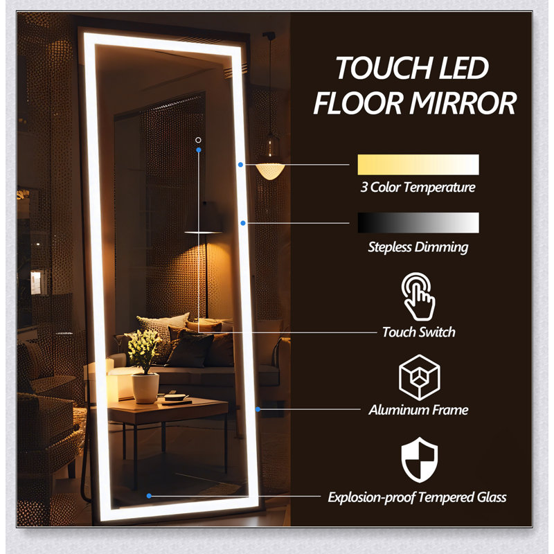 Miroir pleine longueur avec lumières DEL, verre incassable et température de couleur réglable pour une utilisation polyvalente dans n'importe quelle pièce