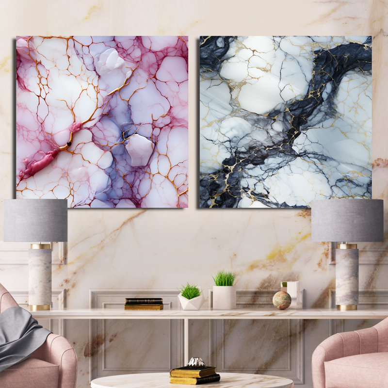 Kasterlee Timeless Marble Classic Delights - Ensemble de 2 collages abstraits carrés, H 16 po x l 33 po, Toile tendue