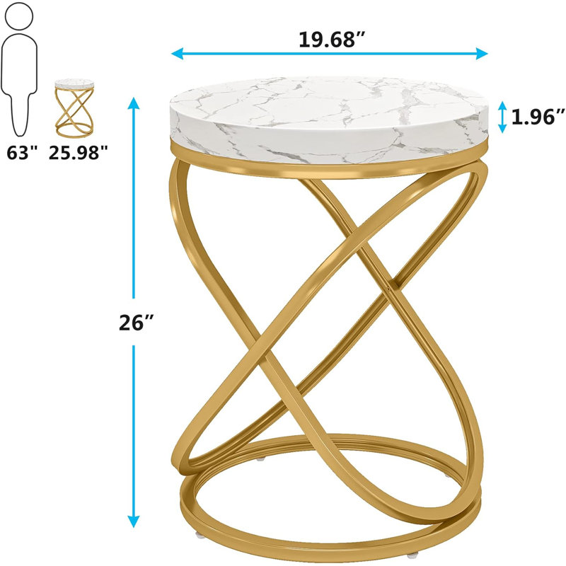 26'' White and Gold Faux Marble Top Round End Table