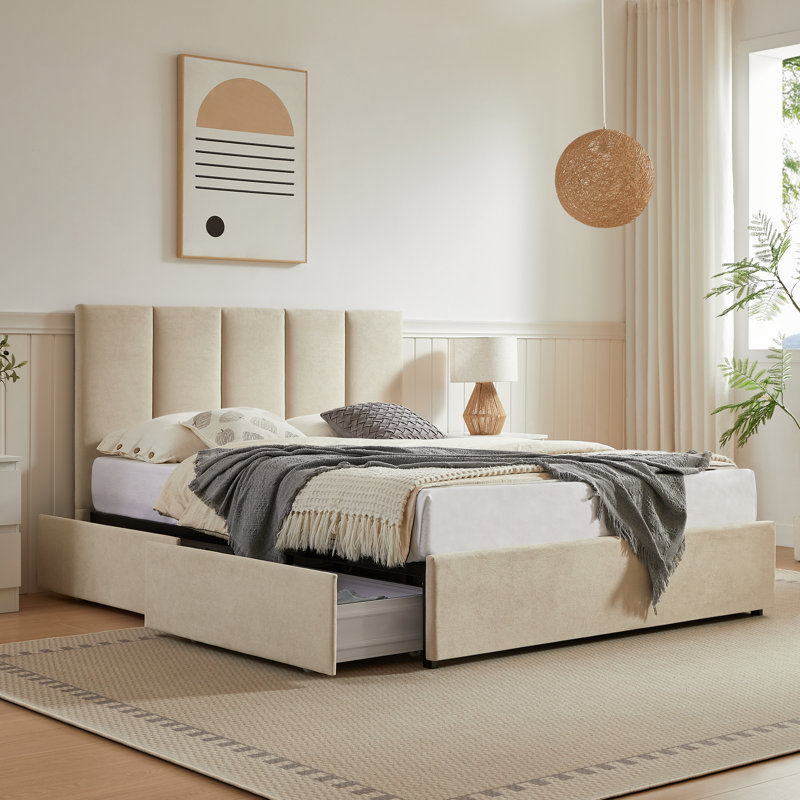 Juanetta Upholstered Platform Storage Bed With 4 Drawers, Beige, Queen