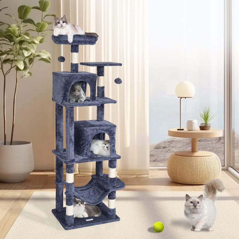 Arbre à chat pour chats d'intérieur, tour à chat de 160 cm avec 2 niches, griffoir en sisal, hamac, perchoir supérieur, plateformes de saut, grand centre d'activités avec balle suspendue, gris foncé