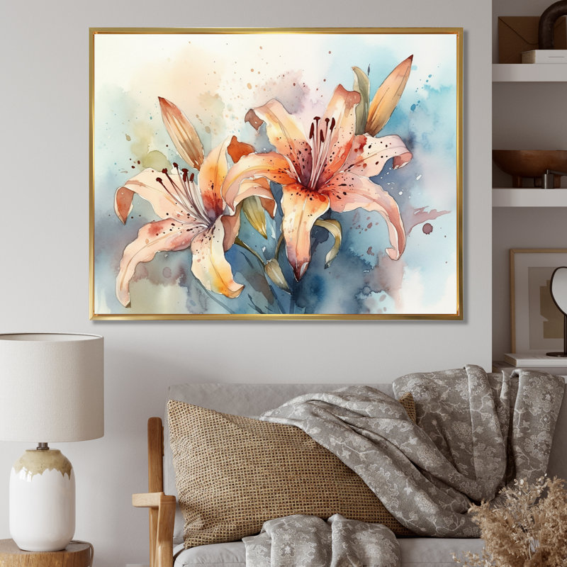 «Orange Lily Symphony I» sur toile, H 34 po x l 44 po x P 1,5 po, Cadre flottant doré