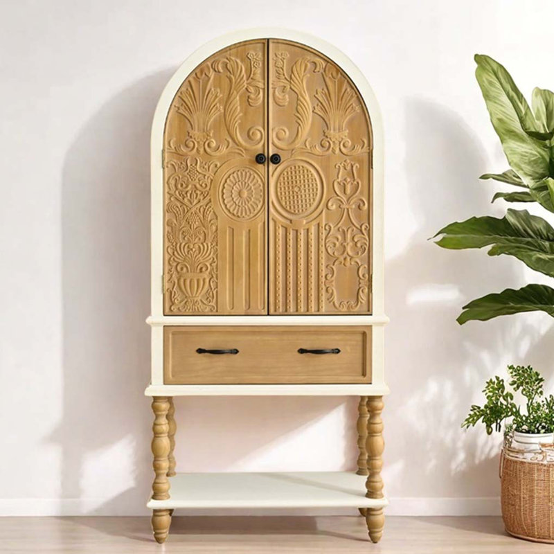 French Country Style Carved Storage cabinet, White/Wood