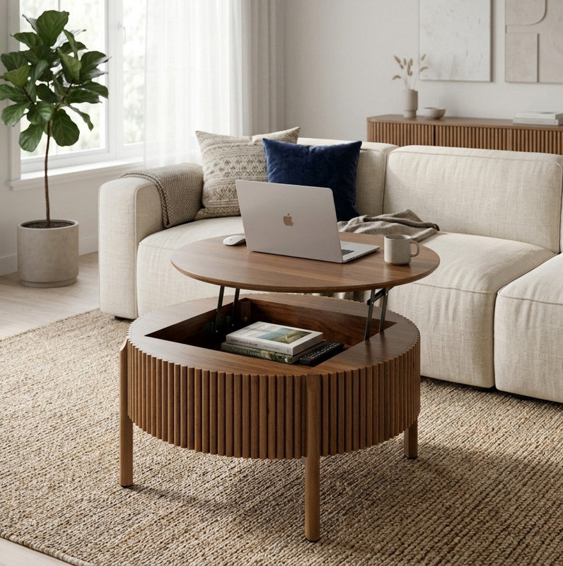 Table basse moderne en noyer de style campagnard, table basse ronde à plateau relevable avec compartiment de rangement dissimulé, table d'appoint centrale circulaire en bois massif cannelé pour les espaces de salon