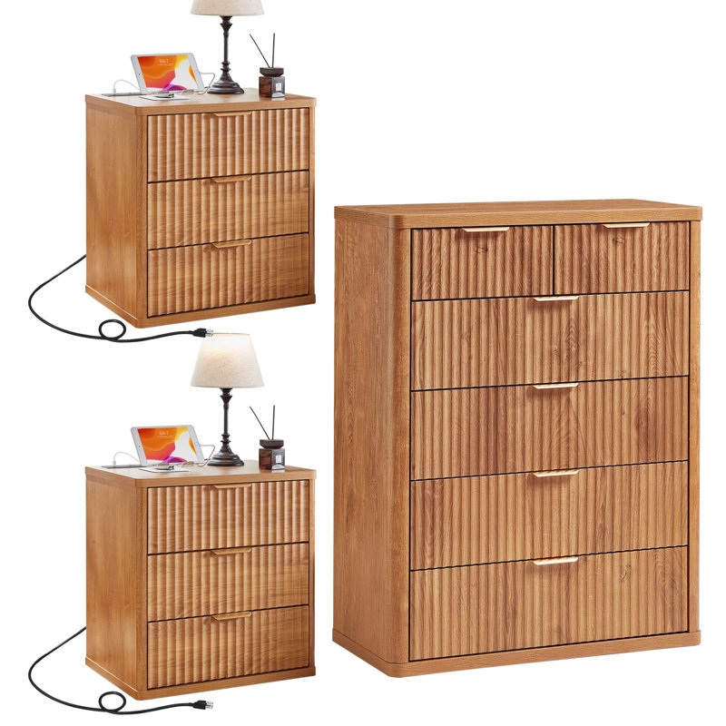 Ensemble de 3 meubles de chambre modernes en bois, comprenant une commode à 6 tiroirs (107 cm de hauteur) et une table de chevet à 3 tiroirs avec station de recharge.