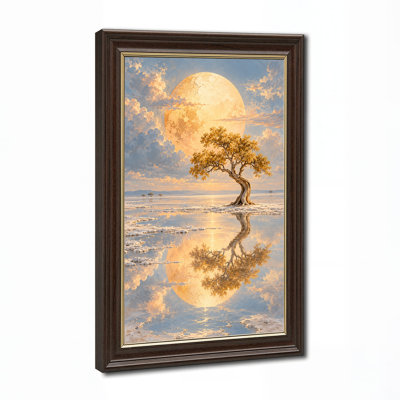 Arbre tordu doré se reflétant dans l'eau sous une lune géante - Tableau sur toile