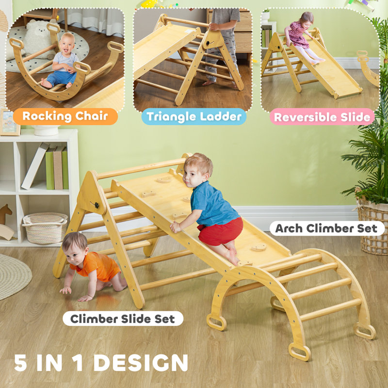 5 in 1 Pikler Triangle Set with Ladder, Ramp, Arch, Nature Wood, Brown