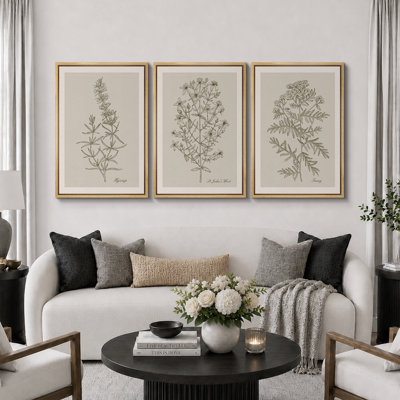 Minimal Botanical "Duotone Beige Green Classic Artwork, Simple Neutral Botanical Wall Pictures, Large Framed Canvas Giclee Print 3 Pieces Wall Art Set"  16"x24"x3 pcs, 24"x36"x3 pcs