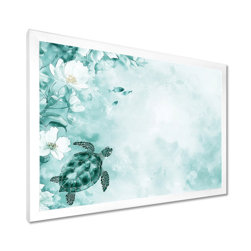 Tortue nageant dans la Méditerranée I - Tortue, art mural, H 16 po x l 32 po, Blanc