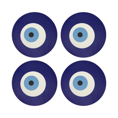 Evil Eye White White Vegan Leather Round Coasters
