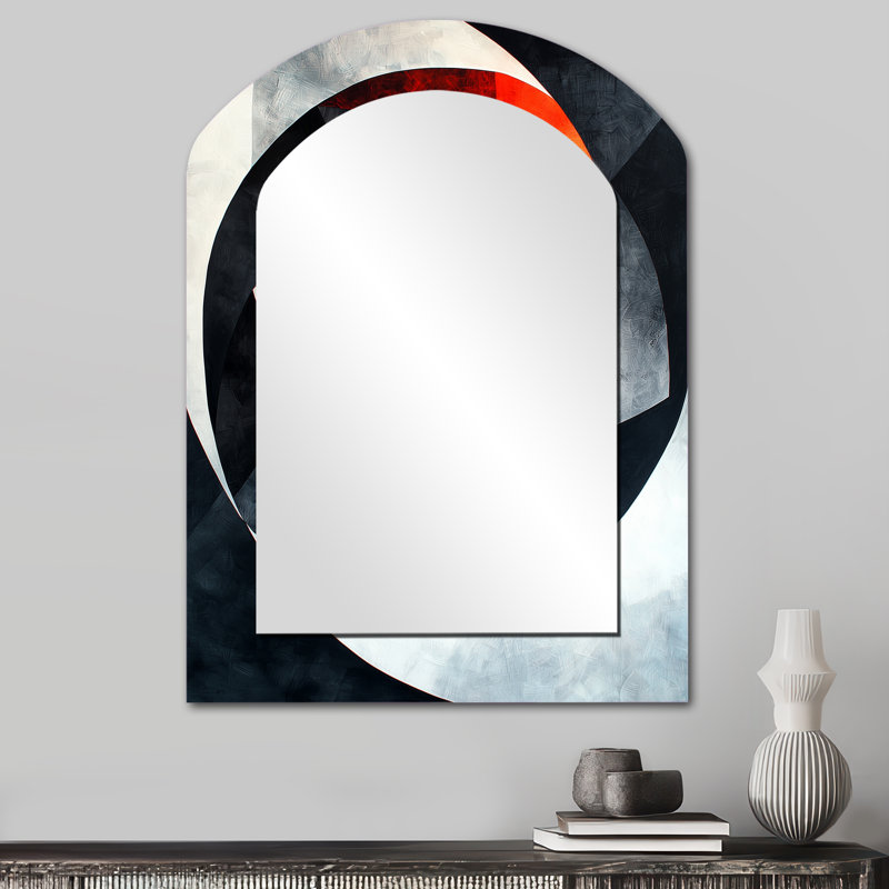 Tornade noire et orange abstraite I - miroir en arc abstrait en spirale, miroir mural rouge asymétrique unique, impression sur métal