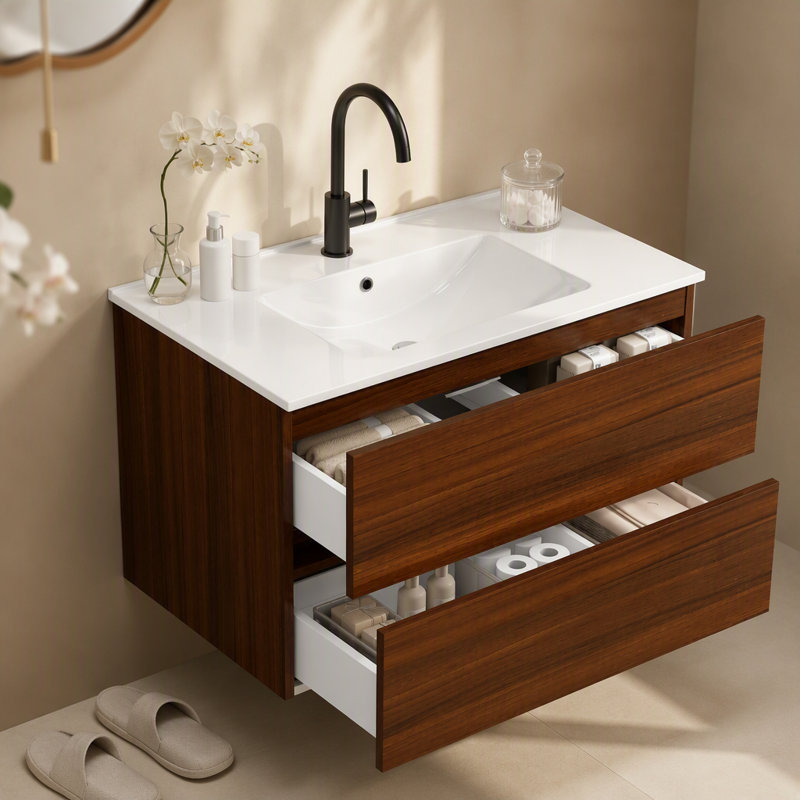 Meuble-lavabo mural 32 po avec tiroirs doubles, système de fermeture en douceur, évier en céramique, conception sans poignée, bois massif, facile à installer, le robinet n'est pas inclus, noyer