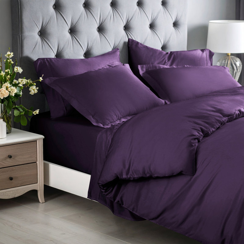 Superior 300 Thread Count Rayon from Bamboo Modern & Contemporary 3 Piece Duvet Cover Set, Full/Queen Duvet Cover, Purple