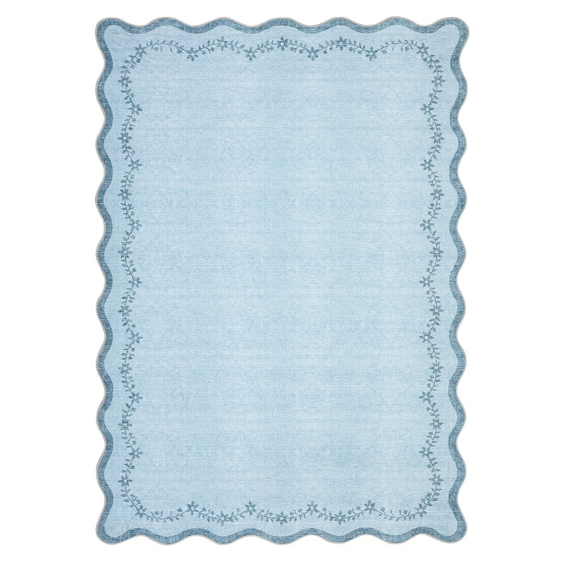 Scalloped Area Rugs for Living Room Washable Non Slip Bedroom Nursery Rugs Floral Farmhouse for Dining Room, Blue