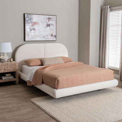 Baxton Studio Cachet Floating Platform Bed With Rounded Headboard - Low Profile Minimalist Boucle Upholstered Bed Frame, Cream, King