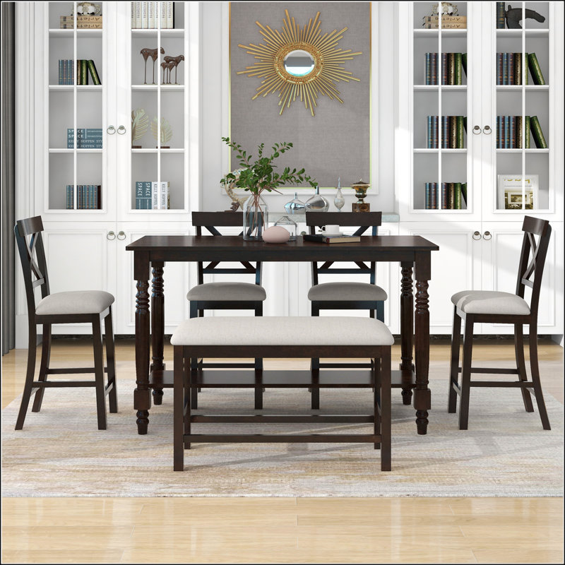 Ensemble de salle à manger 6 pièces à hauteur de comptoir avec table, 4 chaises et banc pour une expérience culinaire élégante et fonctionnelle