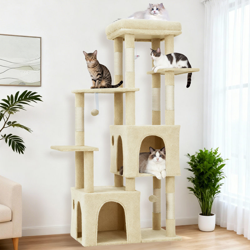 150cm Multi-Level Cat Climbing Tree Cat Tower for Indoor Large Cats, 7 Sisal Posts 2 Cages 2 Balls 4 Perches, Beige