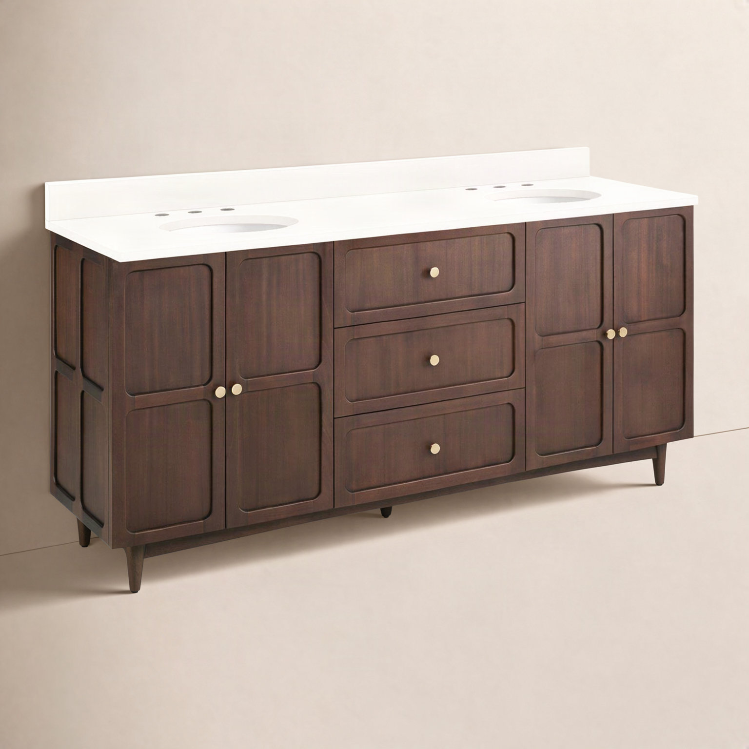 Delavan 72" Mahogany Double Bathroom Vanity, Arctic White Quartz, 72"