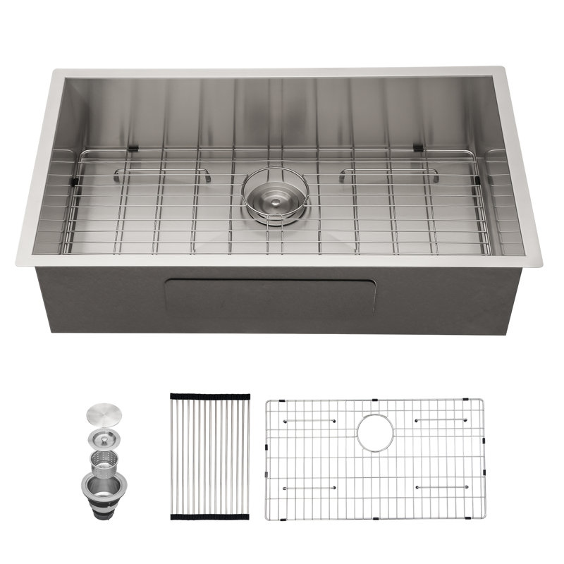 32" L x 19" W Undermount Stainless Steel Single Bowl Kitchen Sink with Sink Grid, Strainer and Roll-up Rack