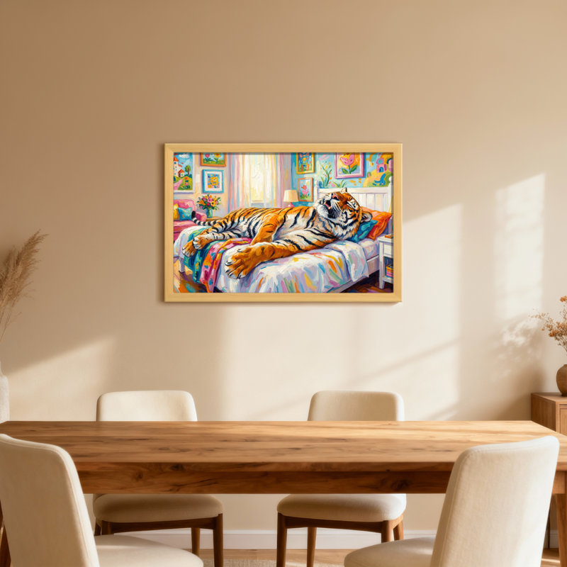 Animaux, tigre, reposant sur un lit coloré dans une pièce lumineuse, H 16 po x l 24 po, Toile tendue, Ne s’applique pas