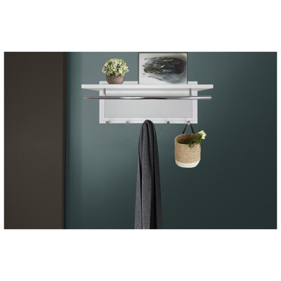Esyspot White Metal Wall-Mounted Coat Rack with Shelf and Bar Hanger, Contemporary Storage Hook Organizer for Bedroom or Entryway