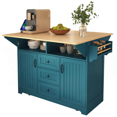 55.7'' Large Kitchen Island with 2 Drop Leaf,, Rolling Kitchen Cart on 5 Wheels with Power Outlet, Folding Storage Dining Table with Spice & Towel Rack , 3 Drawers, for Kitchen, Dining Room
