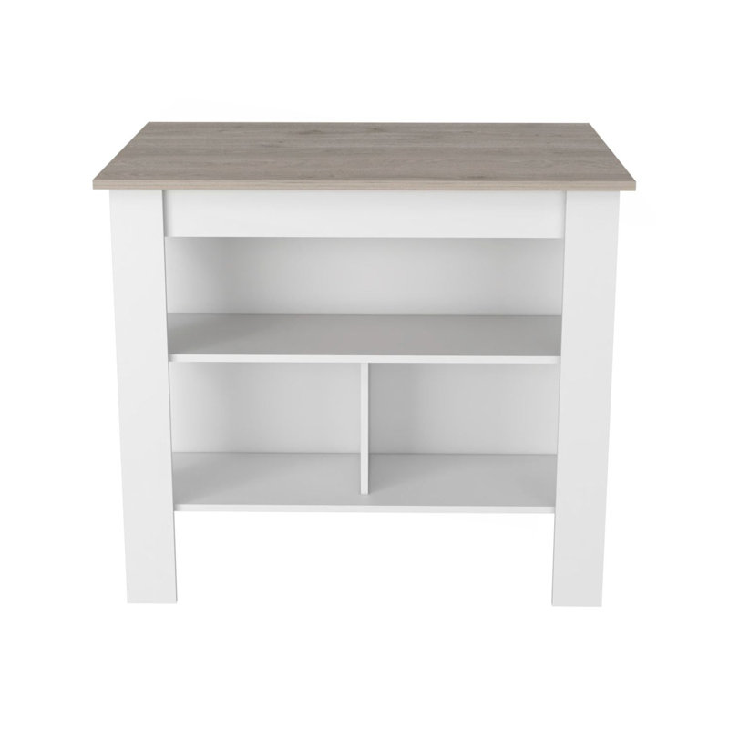 Îlot de cuisine, table de cuisine H 35 po, trois tablettes de rangement ouvertes, quatre pieds, Blanc / Gris