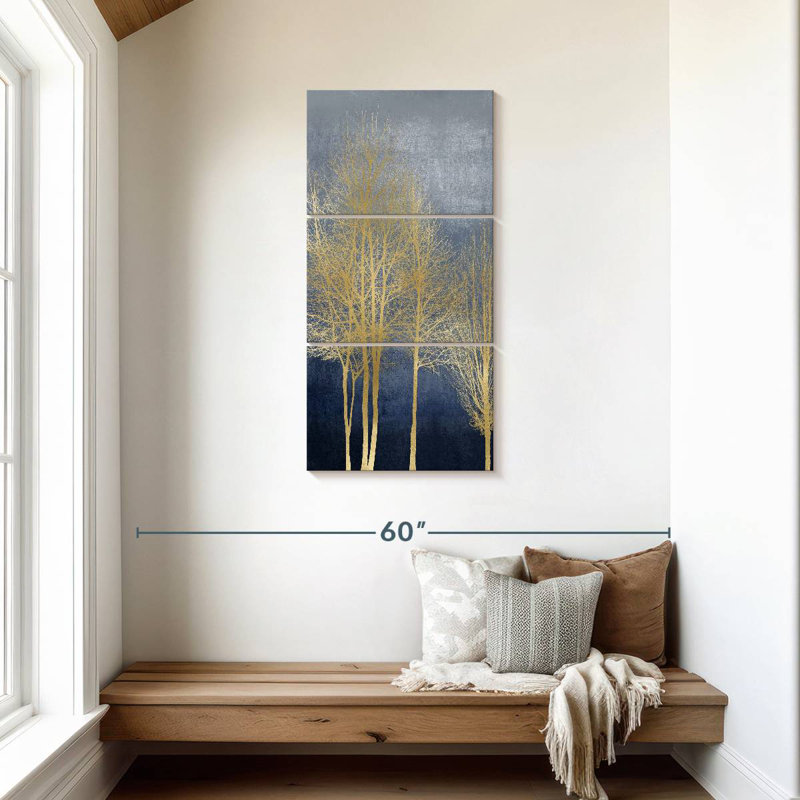 Arbres sur panneau bleu I, H 44 po x l 21 po